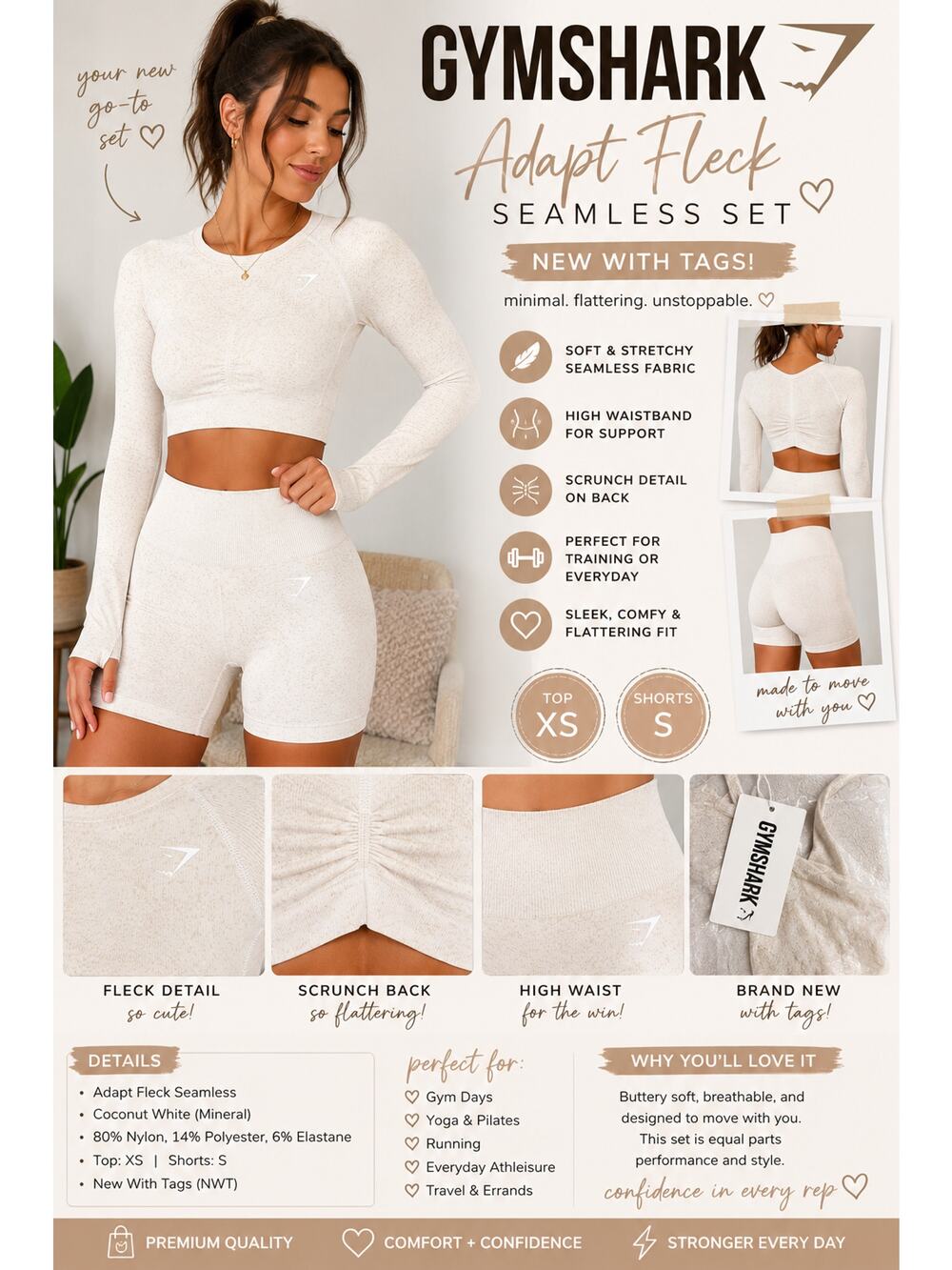 Gymshark Adapt Fleck Seamless Set XS Crop Top Shorts Coconut White NWT